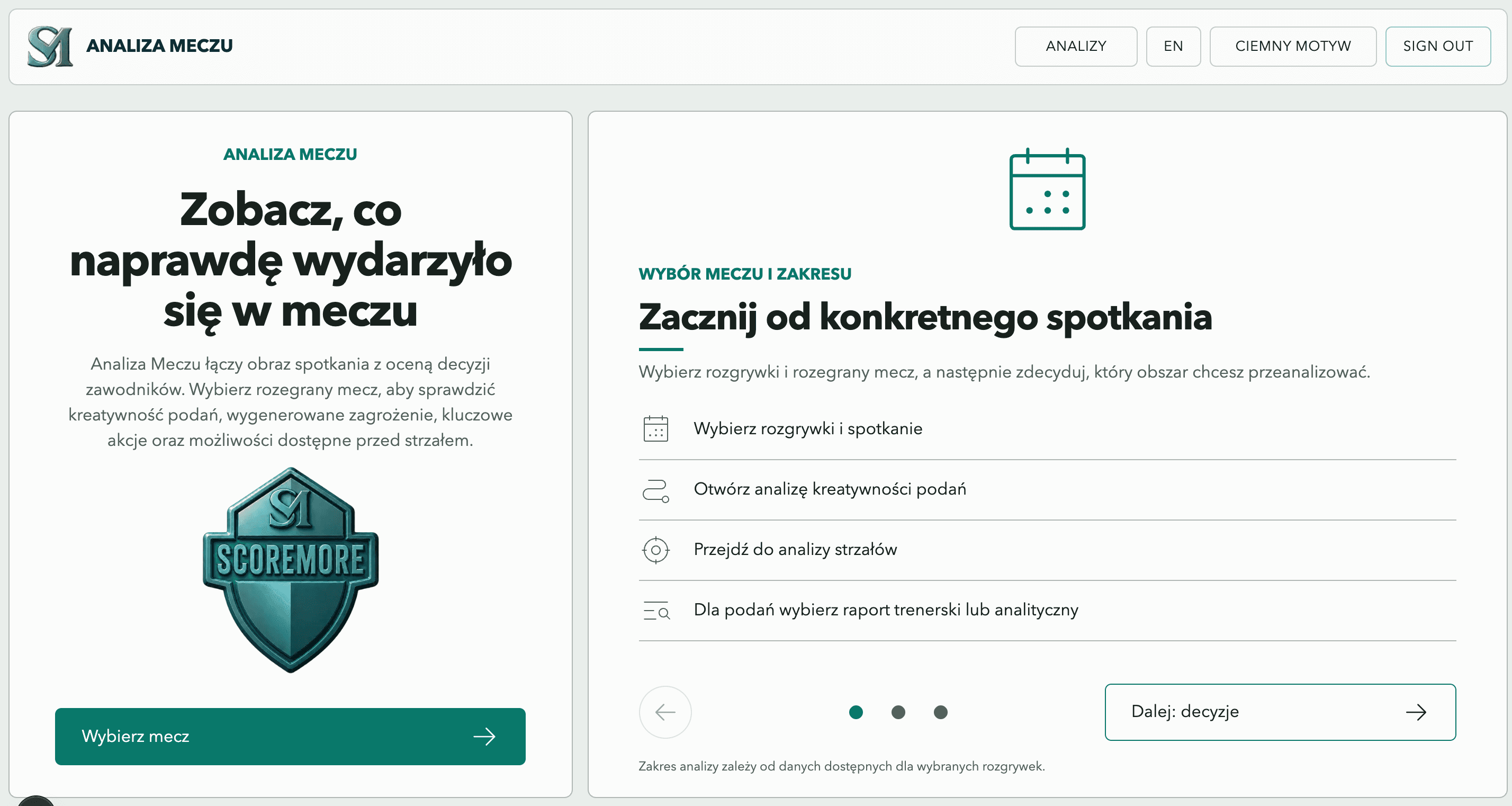 Ekran Analizy Meczu w ScoreMore — wybór spotkania i zakresu analizy
